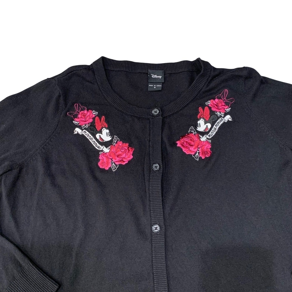 Disney Minnie Mouse Rose Embroidered Cardigan Sweater Black Womens - Picture 2 of 8
